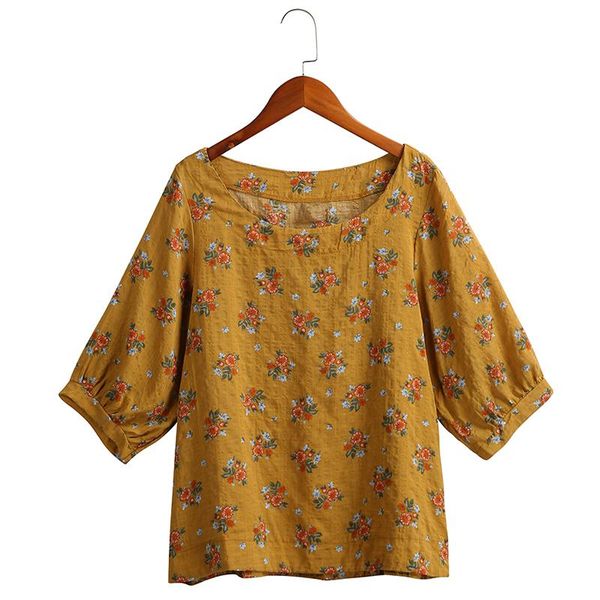 

summer women cotton linen blouse vintage floral print 3/4 sleeve casual loose shirt plus size bohemian womens and blouses, White