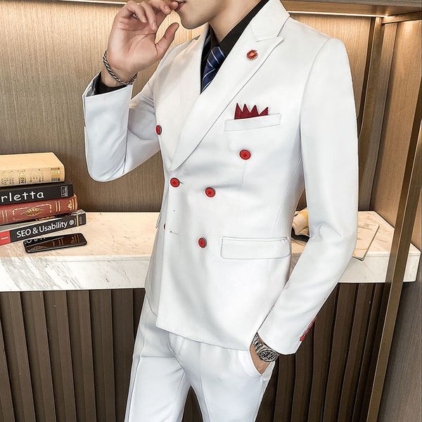 

men's suits & blazers 3-piece men's suit with contrast button, double luxury, black and white, tight, for wedding, White;black