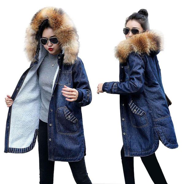 

women's jackets 2021 fake fur winter denim jacket women warm thicken ladies outwear fashion loose casual hooded female jeans coat, Black;brown