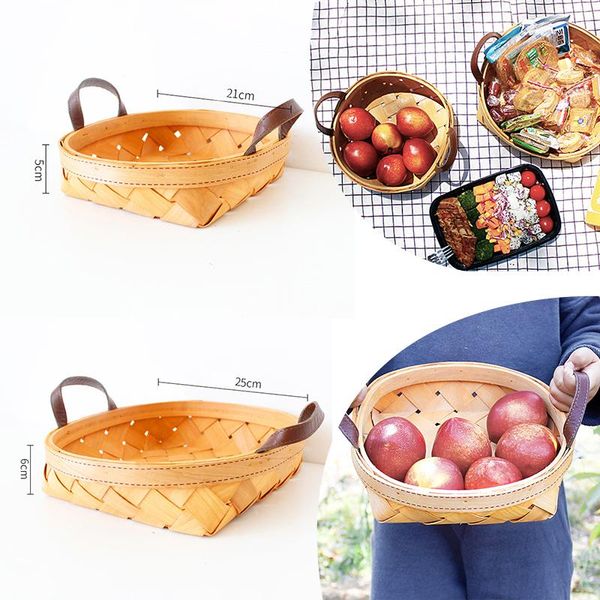Cestas de armazenamento bandeja de madeira tecido piquenique cesto pão frutas japonês estilo servir com alça