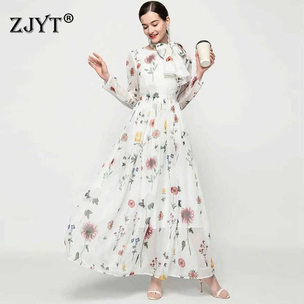 

bohemian style spring runway fashion floral print long chiffon dress beach robe elegant women maxi party vestidos white 210601, Black;gray