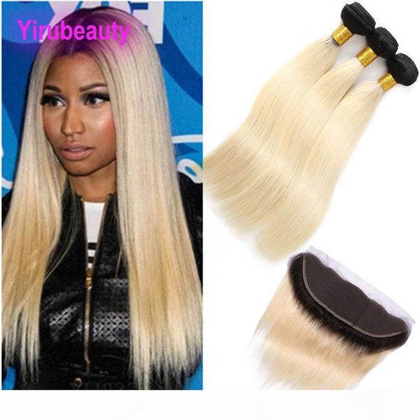 

brazilian virgin hair straight 1b 613 bundles with 13x4 lace frontal ear to ear 3 bundles with 13*4 frontal closure 1b 613 ombre hair, Black;brown