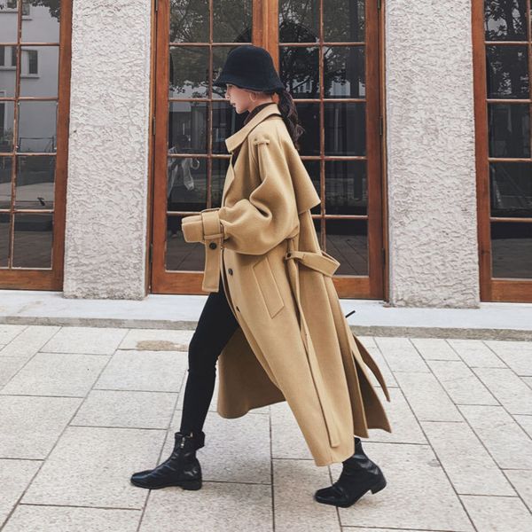 

2021 korean wool long coats for women winter solid cashmere coat warm woollen cloak overcoat outerwear sashes surcoat evei, Black
