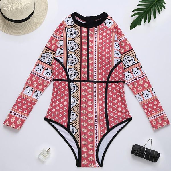

long sleeve surfing suit 2021 new print one piece swimsuit zipper monokini push up swimming suit for women bodysuits
