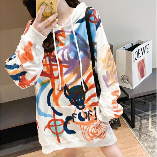 

2021 autumn winter new women's fashion print fleece hoodies casual oversized mid length hooded sweatshirt wx6v, Black