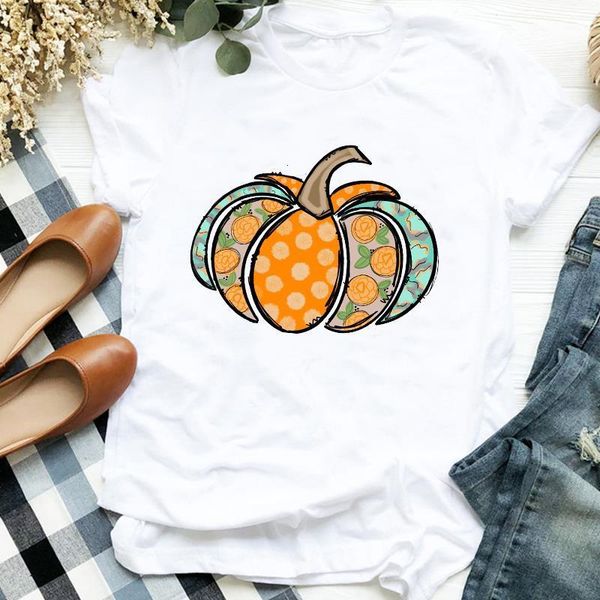 

women lady pumpkin printing autumn 90s thanksgiving halloween print tshirt female t tee womens shirt clothes graphic t-shirt, White