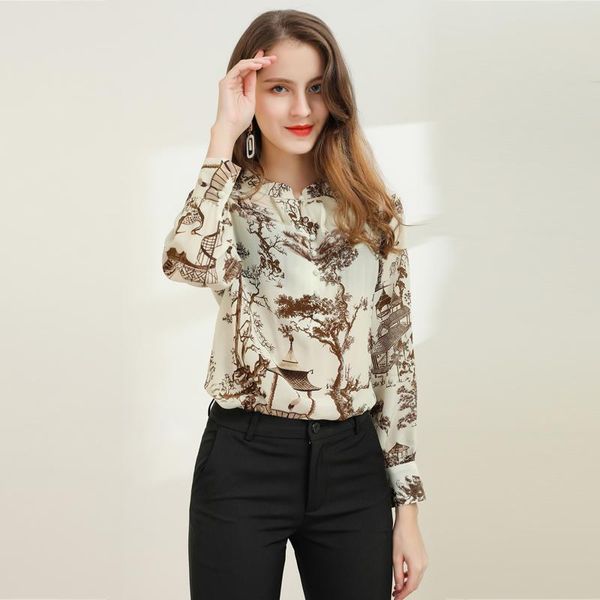 

women's blouses & shirts xiaomoli retro printing landscape painting long sleeve silk shirt a 2021 fashion professional women must have, White