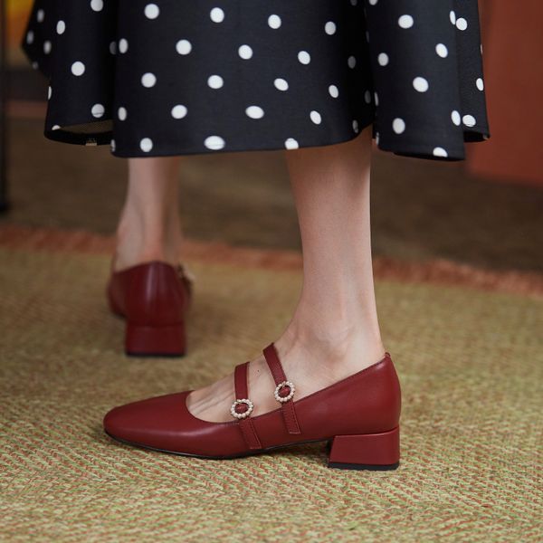 

wine red mary jane women's sho spring and autumn shallow mouth thick heel one foot pedal french small high-heeled single