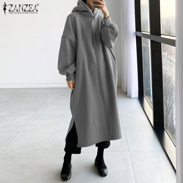 

casual dresses stylish split hooded dress women's autumn sweatshirts zanzea 2021 long sleeve midi vestidos female robe oversized, Black;gray