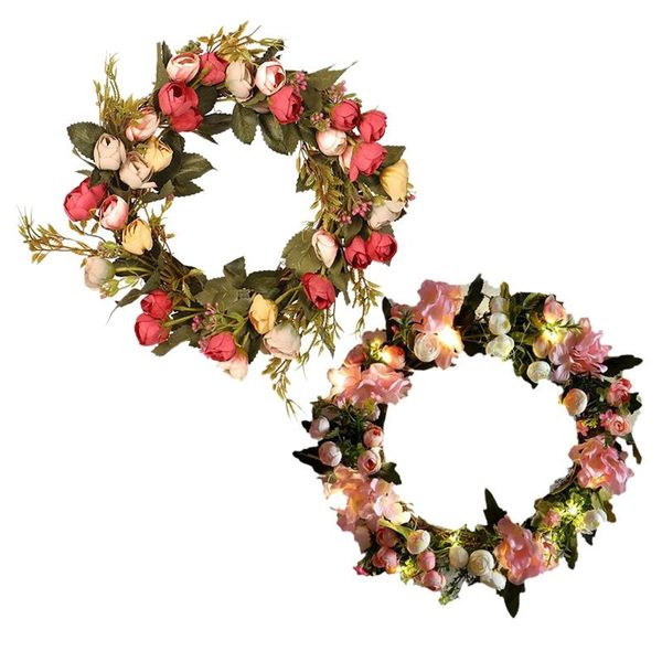 

valentine's day artificial rose flower wreath spring wreath for front door party home decor with light,colorful 40cm