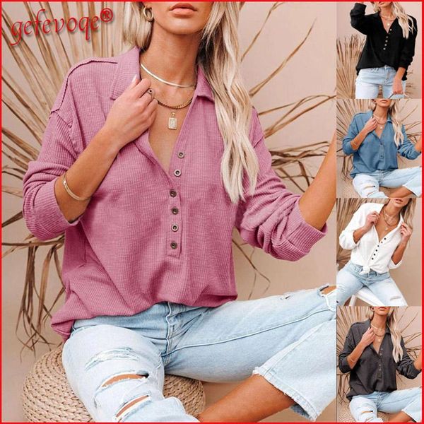 

women's t-shirt button up turndown collar ribbed t shirt women fall clothing 2021 casual long sleeve loose solid plus size tees tunic, White