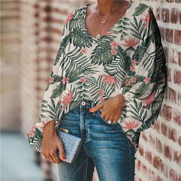 

women's blouses & shirts chiffon blouse women summer tropical flower palm leaves fashion female loose sleeve shirt plus size for 2021, White