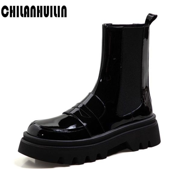 

boots brand wedges ankle for women 2021 autumn winter genuine leather shoes woman black white party chunky heels