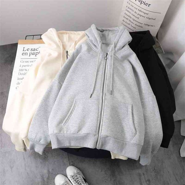 

lazy plush and thick zipper autumn winter fashion women's sweatshirts hoodie coats 2021 korean plain long sleeve women, Black