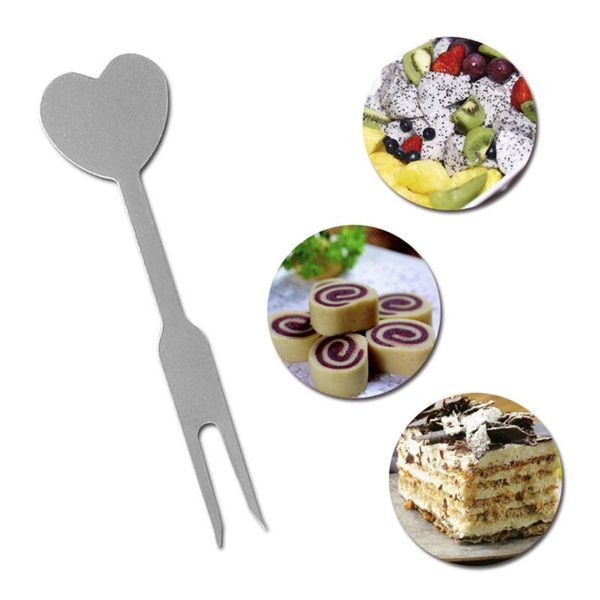 

forks mini stainless steel 2 tines fork dessert cake fruit salad cutlery flatware love heart handle convenient home kitchen accessory