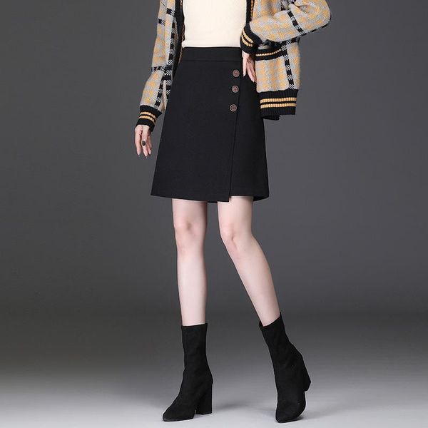 

skirts women black mini skirt autumn winter high waist a-line suit office lady elegant chic button slim casual