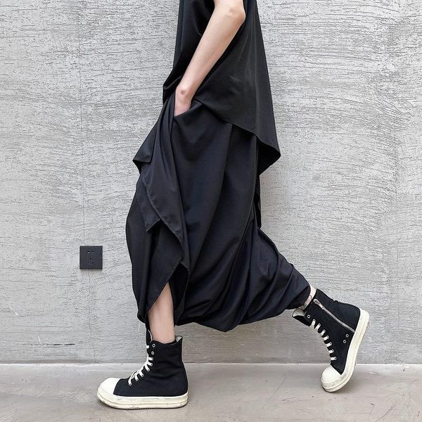 

men's pants irregular low crotch hip-hop cross men's japanese style improved kimono kendo uniform hakama bushido skirt, Black