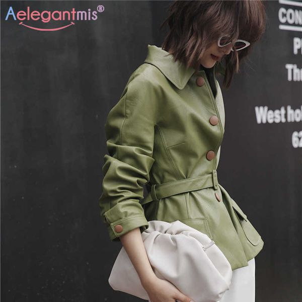 Aelegantmis Donna Verde Casual Giacca in pelle Pu con cintura Autunno Soft Faux Giacche Donna Cappotto monopetto basic 210607