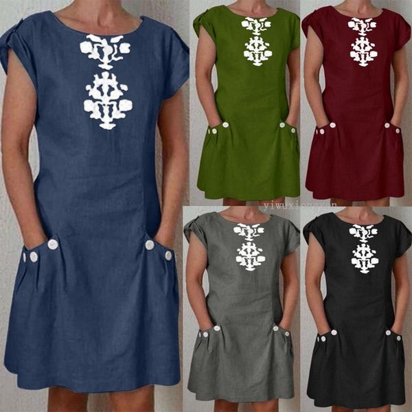 

summer dress 2021 fashion round neck short sleeve totem print solid mini dress casual dress, Black;red