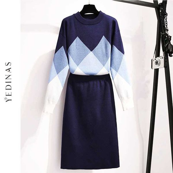 

yedinas o-neck pullover sweater 2 piece sets womens outfits two set skirt elastic waist knitted jumper autumn winter 210527, White