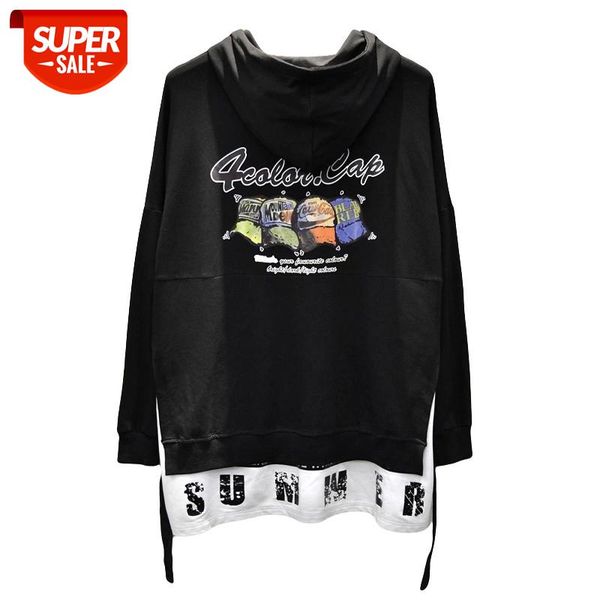

new western high street fashion back printed ribbon layered irregularity individuality men's hooded sweatshirts casual hoodies #au4q, Black