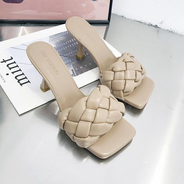 

slippers women high heels summer square head slides weave casual sandals female beach mule flip flops designer, Black
