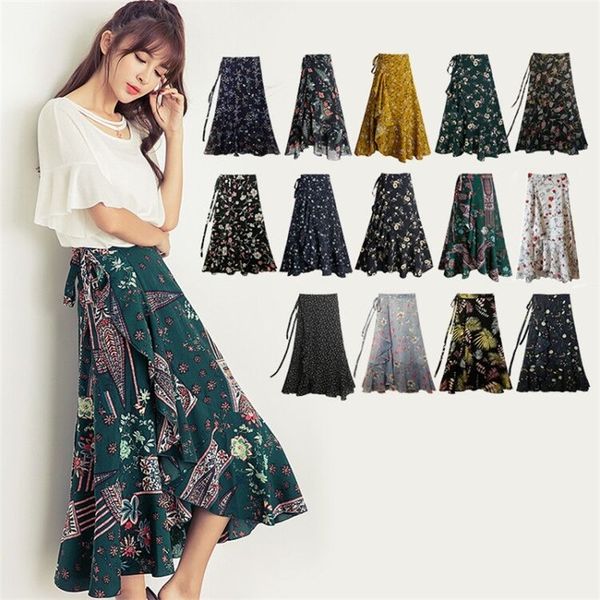 

bohemia beach skirt women spring summer chiffon flower pattern skirtmedium elastic waist skirt 210309, Black