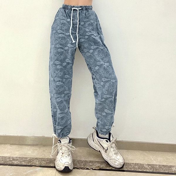 

casual women's jacquard jeans cashew nut printed drawstring high waist loose women pencil pants fashion cowboy trousers long, Blue