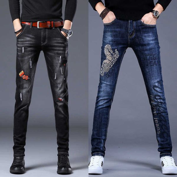 

men's jeans, classic slim casual, striped, fashion, blue and black