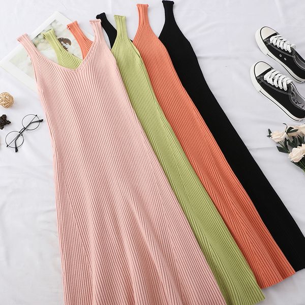 

2021 women casual sweater new summer v neck a line baggy knit es ladies basic spaghetti strap long robe vestido mujer grjs, Black;gray