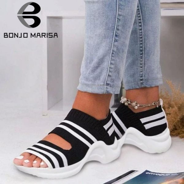 

bonjomarisa female fashion summer sandals open toe comfy flat leisure open toe sandals women new brand stripe shoes woman, Black