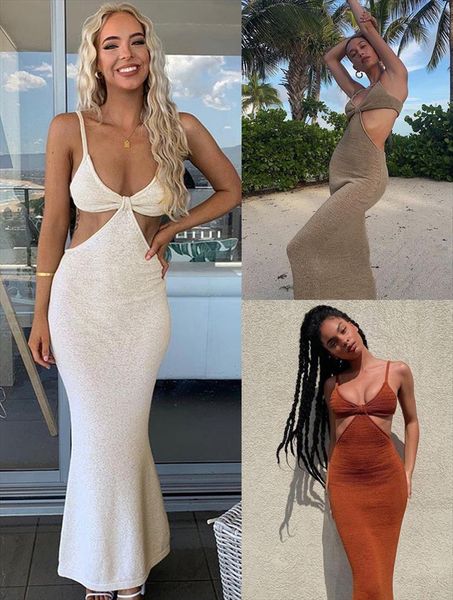 

knitted y2k summer bodycon womens dress robe femme spaghetti strap casual maxi cut out backless beach sundress, Black;gray