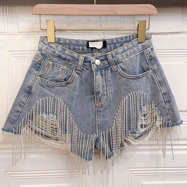 

women's shorts 2021 summer fashion denim short women high street style sequins loose hole tassel female fit wild c, White;black