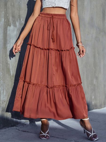 

tassel tie waist layered frill skirt l51x#, Black