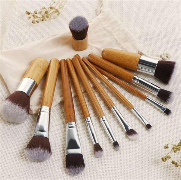 

makeup brushes 11pcs natural bamboo handle set foundation blending cosmetic make up tool with cotton bag