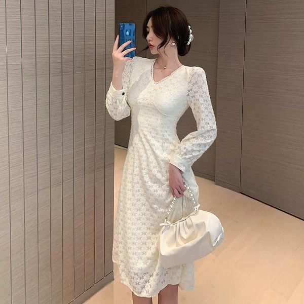

casual dresses women lace dress vintage add velvet 2021 autumn winter fashion female long sleeve a-line v-neck vestidos, Black;gray