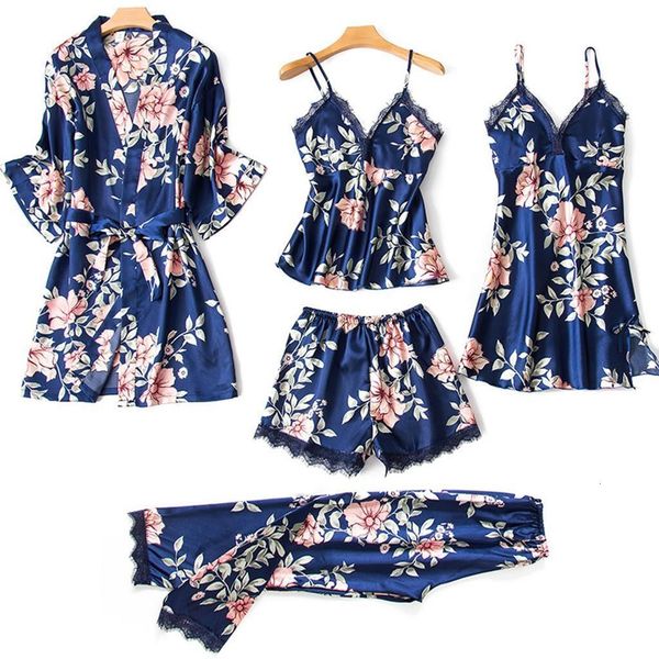 

5pc pyjamas women sleep wear pajamas women lace satin robe bathrobe trousers shorts set pajamas sleepwear, Black;red