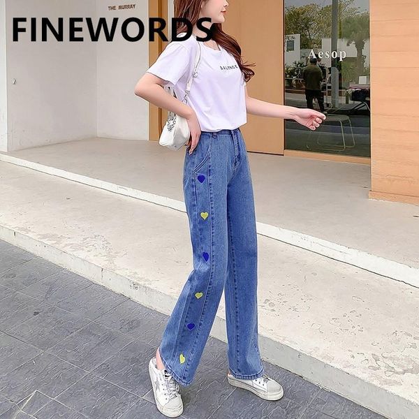 

finewords side heart embroidery vintage jeans women casual loose wide leg jeans high waist korean blue washed plus size