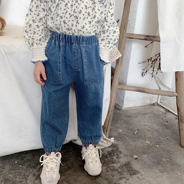 

baby kids girl's jeans children's solid color elastic high waist trousers tight hem pants with pockets jeans spring and autumn, Blue