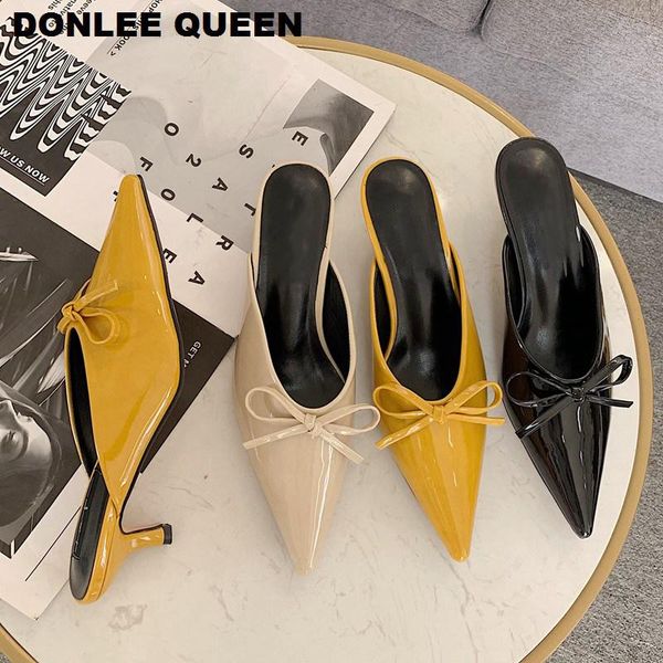 

slippers fashion women pointed toe low heels mule shoes outsides slides slipper patent pu spring sandal, Black