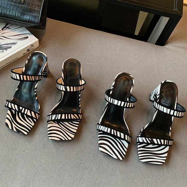 

slippers 2021 women fashion square open toe ladies shoes zebra thick heel slides female flip flops elegant woman summers, Black