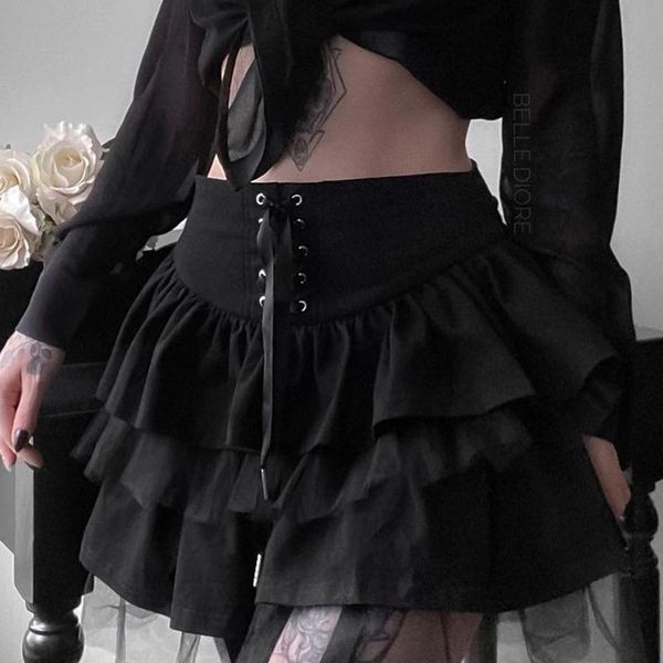 

skirts goth aesthetic lace up mini skirt for women dark academia mesh patchwork a-line punk style party black saias