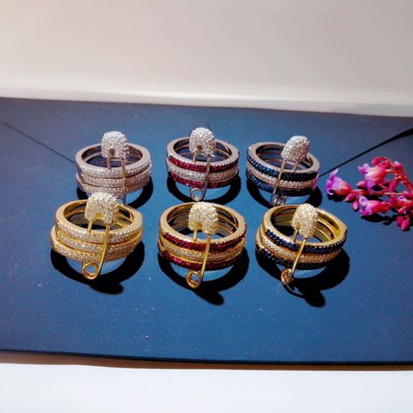 

cluster rings sljely fashion real 925 sterling silver multicolor triple hoops and safety pin ring micro 3a cuibc zirconia women brand jewelr, Golden;silver