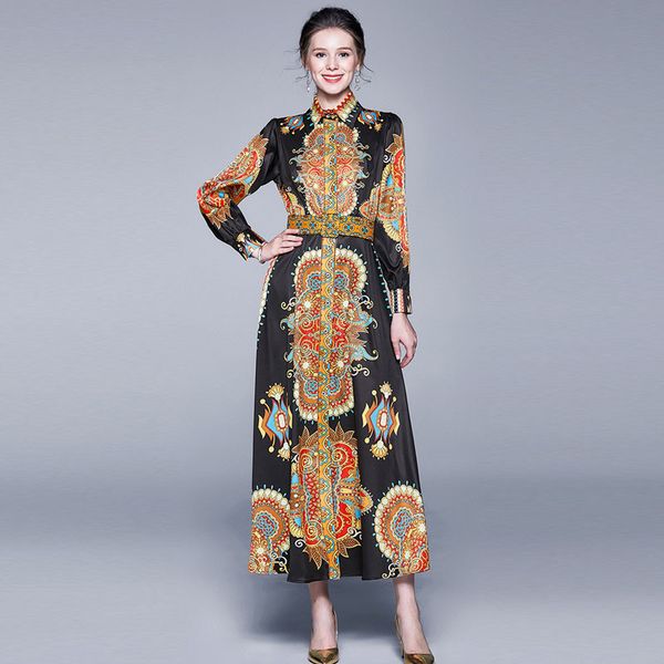 

runway female black shirt in autumn abstract baroque gold floral printing sleeve maxi dress 7u2n, Black;gray