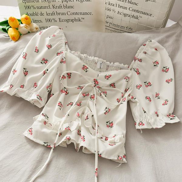 

women's summer blouses 2021 vintage cotton women flower blouses short sleeve women shirts bowknot clothing, White