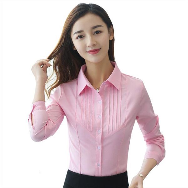 

korean elegant solid chiffon womens shirts long sleeve office lady pink work button up, White