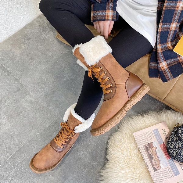 

boots flat mid calf lace up women shoes suede winter warm plush platform short zapatos de mujer, Black