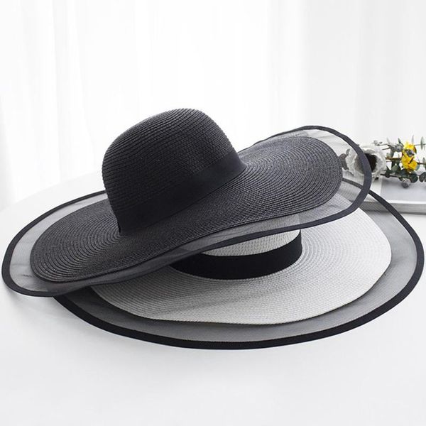 Geniş Ağız Şapkalar 15 cm Hasır Şapka Dantel Plaj Kadın Moda Bayanlar Yaz 2022 UV Koruma Katlanabilir Güneş Gölge Kap