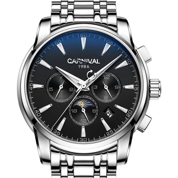 

carnival mens multifunction dial steel watchband automatic mechanical watch wristwatch - sier bezel black, Slivery;brown