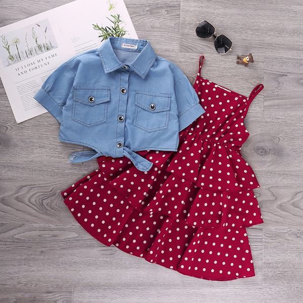 

2021 summer girls clothing denim jacket + dot tutu dress clothes sets for girl 3-12years teenager costume outfits, White